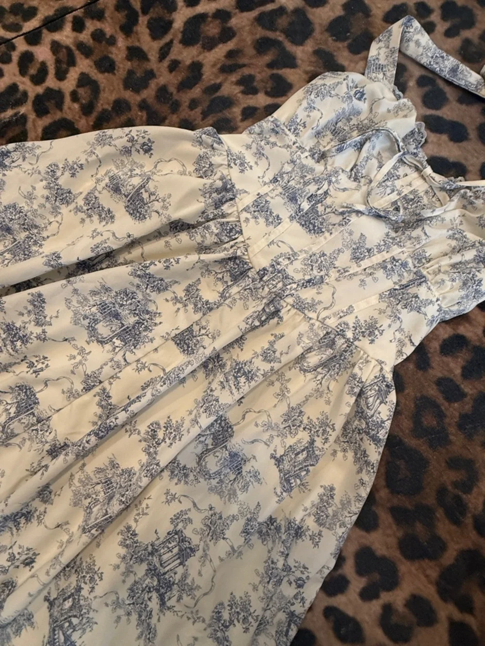 Light Cream & Blue Toile Halter Maxi Dress - Picture 3 of 6